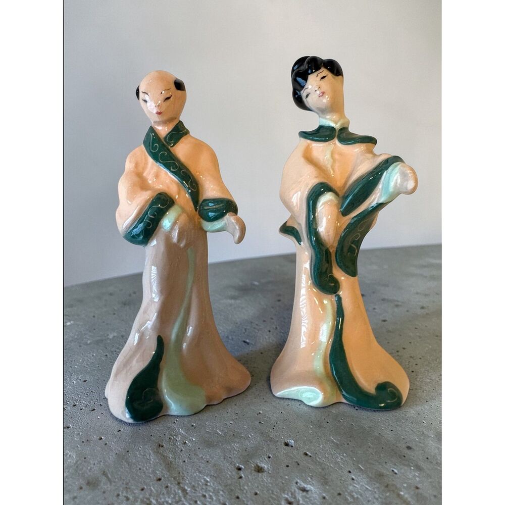 Vintage Asian Lady Figurines Pair Mid Century Ceramic Japan